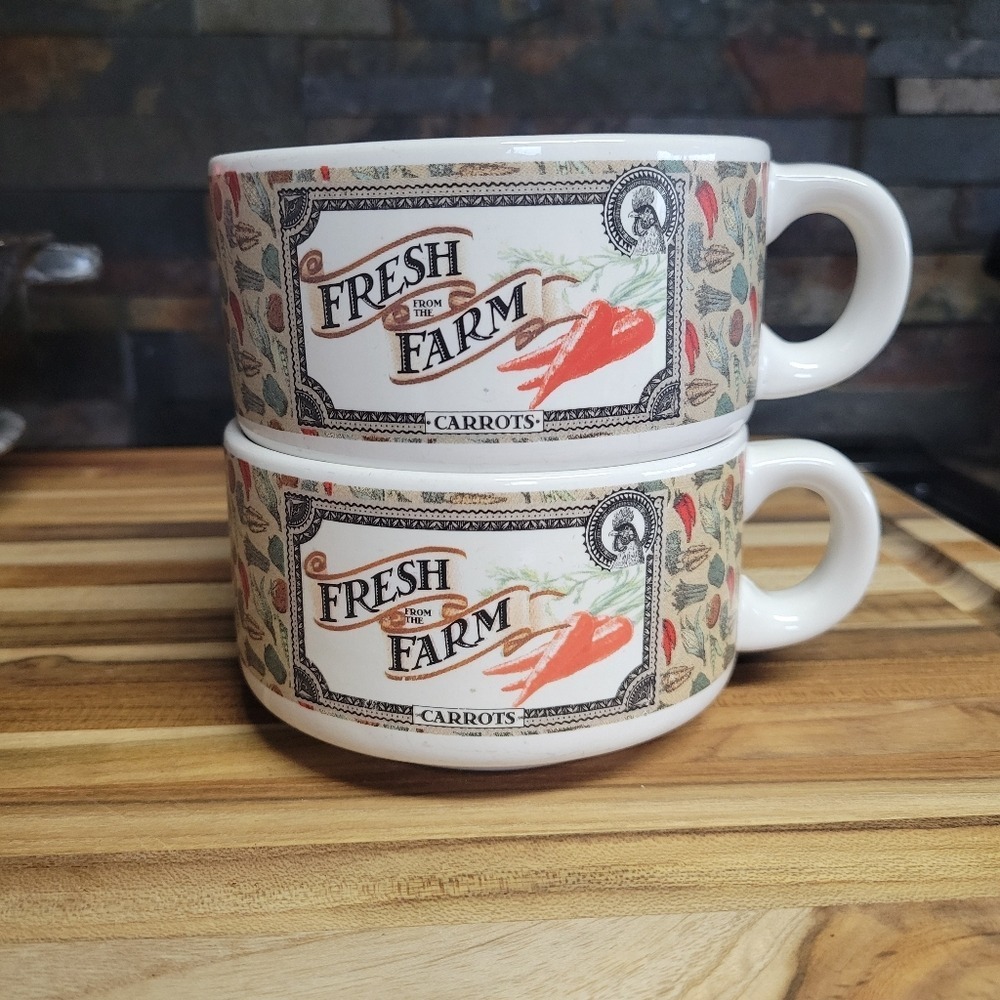 Vintage Set of 2, Houston Foods Fresh From‎ The Farm Soup Cups Carrots and Peas